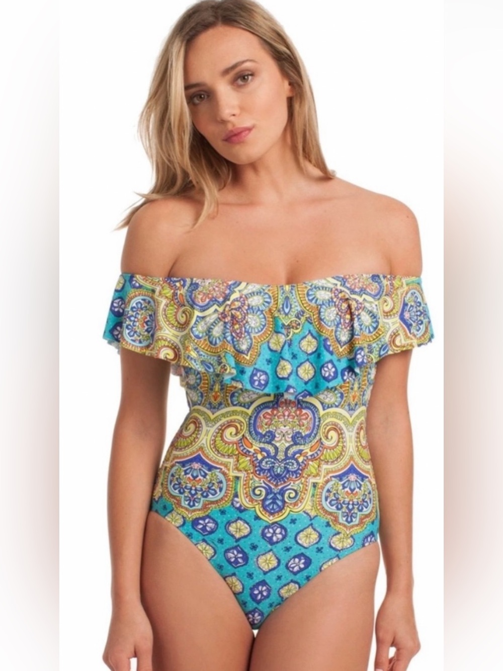 Trina Turk Corsica Swimsuit Size 6 Blue Paisley Off Shoulder Flounce One Piece